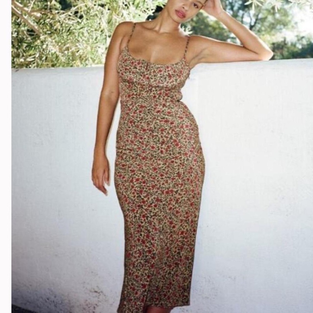 Realisation Par Red and Green Floral Midi Dress Alba Dahlia